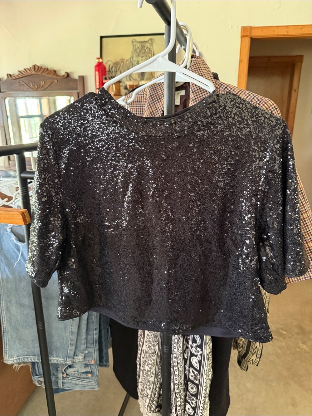 H&M Black Sequin Cropped Short Sleeve Top